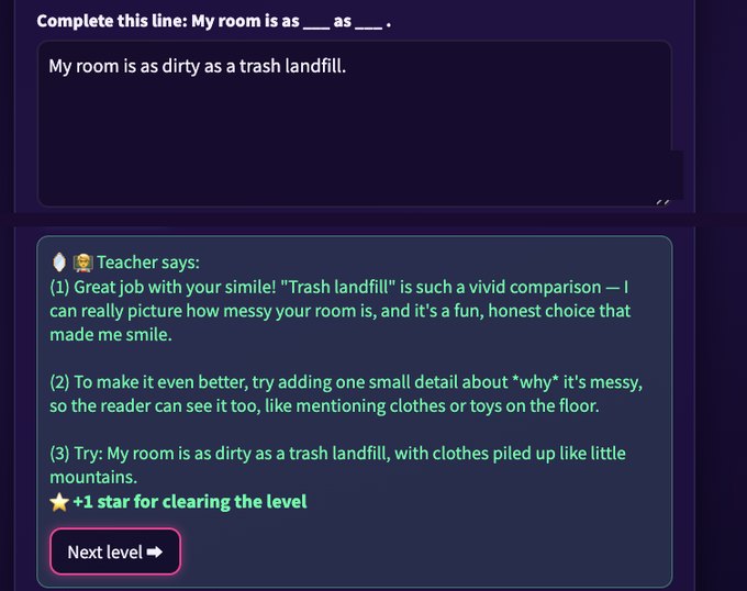 A real screen from the game. The child wrote: 'My room is as dirty as a trash landfill.' The AI coach names the simile, praises 'trash landfill' as a vivid comparison, then asks the child to add one messy detail themselves — and offers a spark of a few words, not a full rewritten sentence.